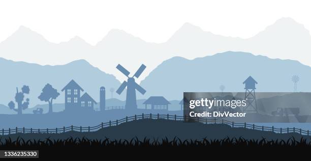 ilustrações de stock, clip art, desenhos animados e ícones de farm landscape vector set - camponês