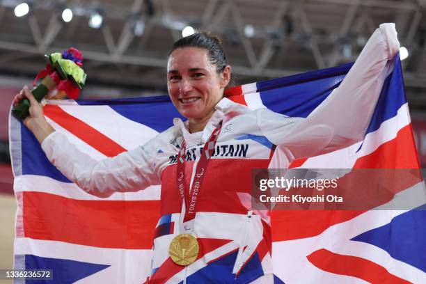 Gold medalist Sarah Storey of Team Great Britain poses during the medal ceremony for Track Cycling Women’s C5 3000m Individual Pursuiton day 1 of the...