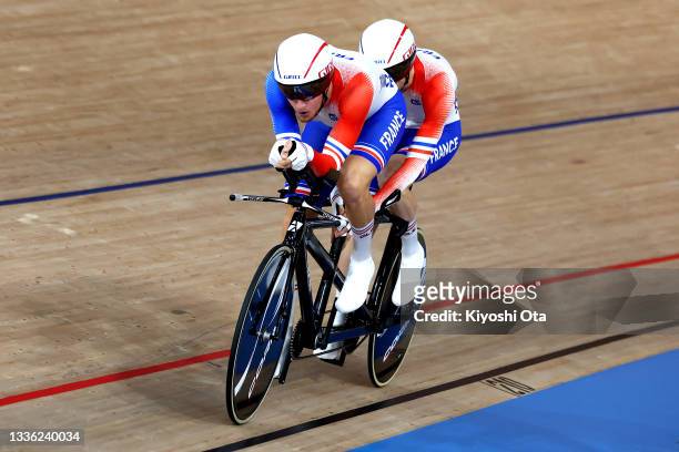 Alexandre Lloveras and pilot Corentin Ermenault of Team France compete in track cycling Men’s B 4000m Individual Pursuit Bronze Medal race on day 1...