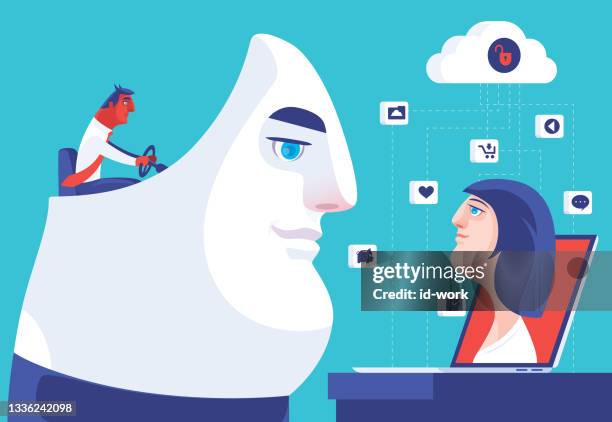 woman video chatting with scammer via laptop - romance fraud stock illustrations