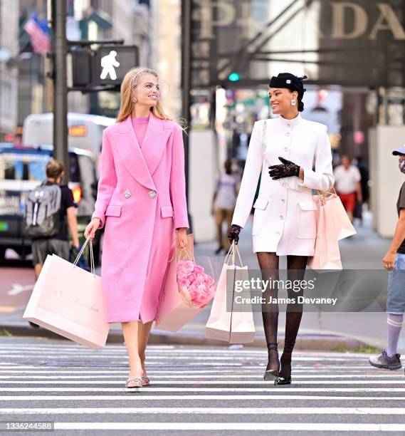 Daphne Groeneveld and Lameka Fox seen during a photoshoot on 5th Avenue on August 24, 2021 in New York City.