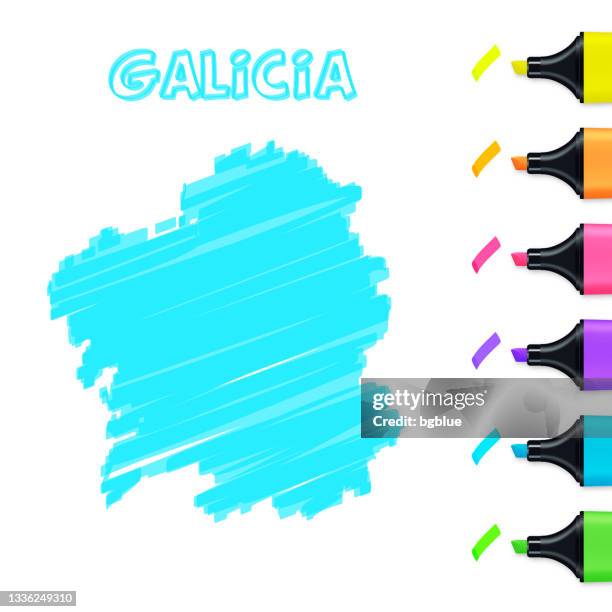 galicia map hand drawn with blue highlighter on white background - santiago de compostela stock illustrations