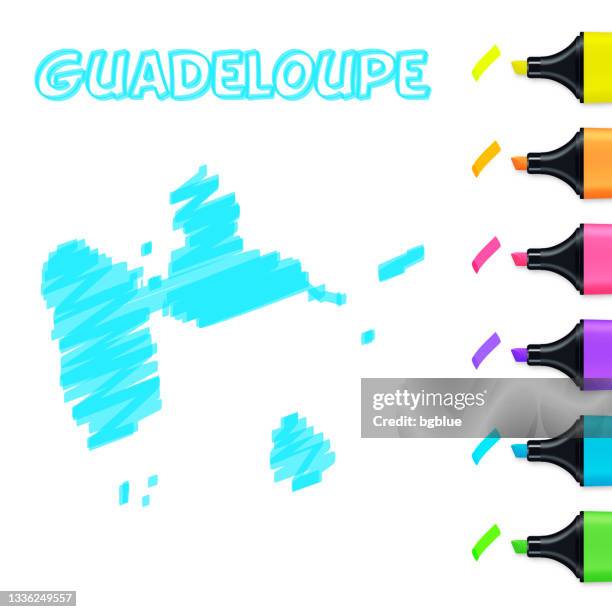 guadeloupe map hand drawn with blue highlighter on white background - guadeloupe stock illustrations