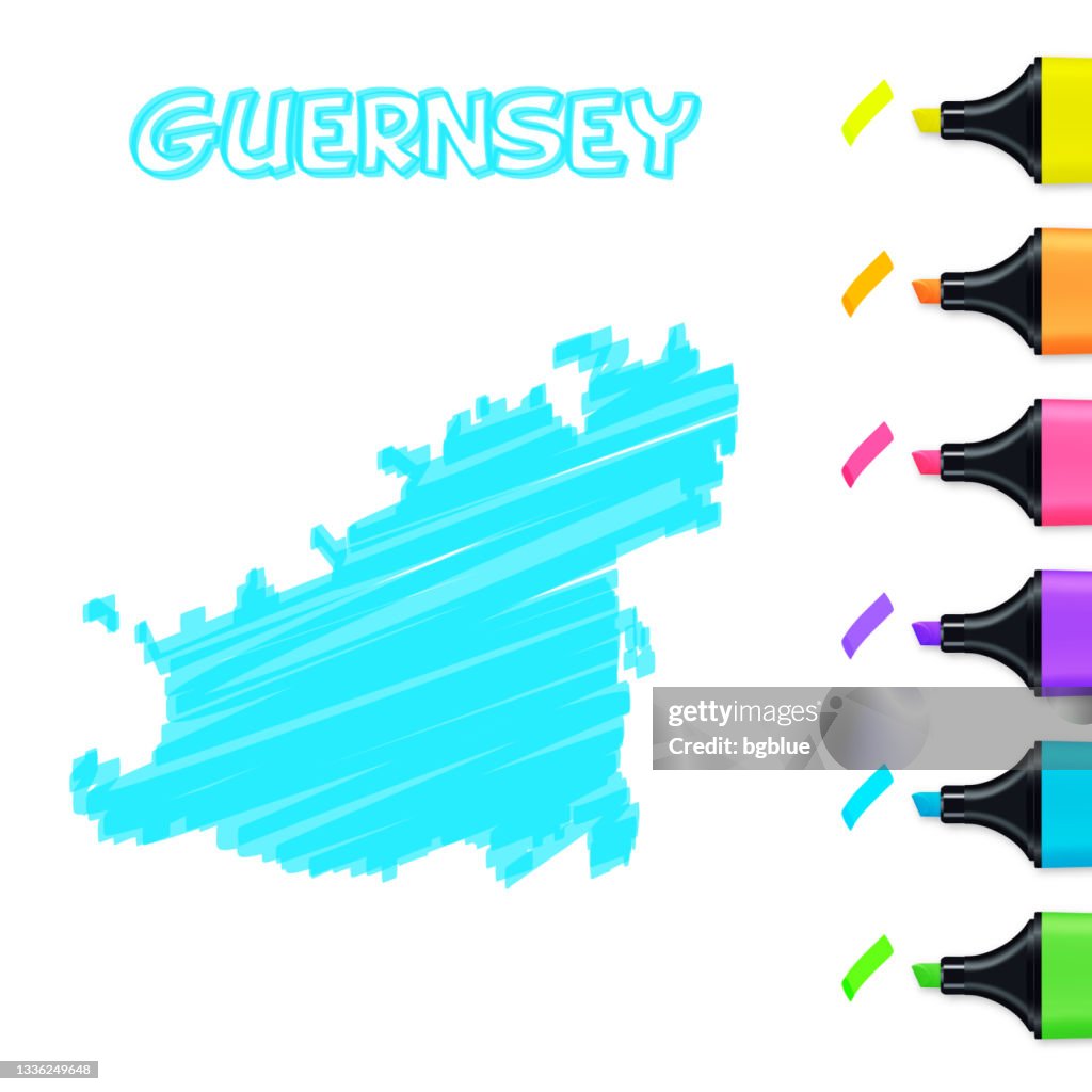 Guernsey map hand drawn with blue highlighter on white background