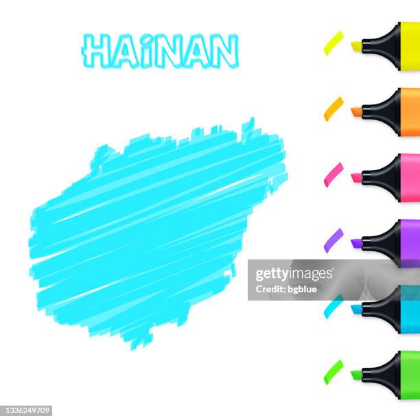 hainan map hand drawn with blue highlighter on white background - 海南島 幅插畫檔、美工圖案、卡通及圖標