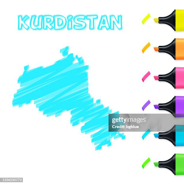 kurdistan map hand drawn with blue highlighter on white background - kurdistan stock illustrations