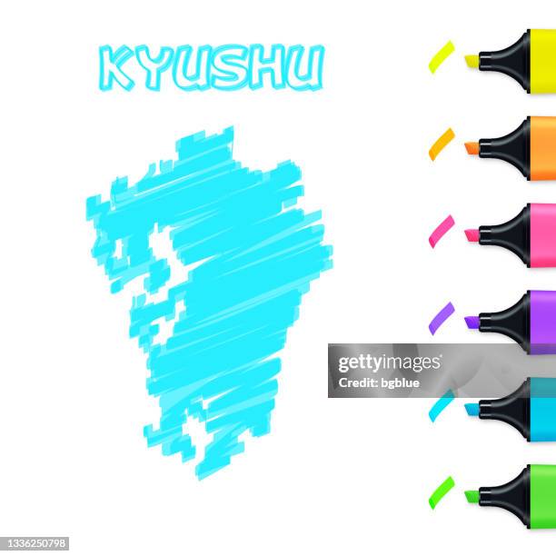 kyushu karte handgezeichnet mit blauem textmarker auf weißem hintergrund - kyushu stock-grafiken, -clipart, -cartoons und -symbole