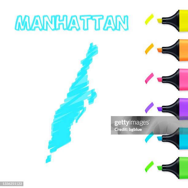 manhattan map hand drawn with blue highlighter on white background - manhattan map stock illustrations