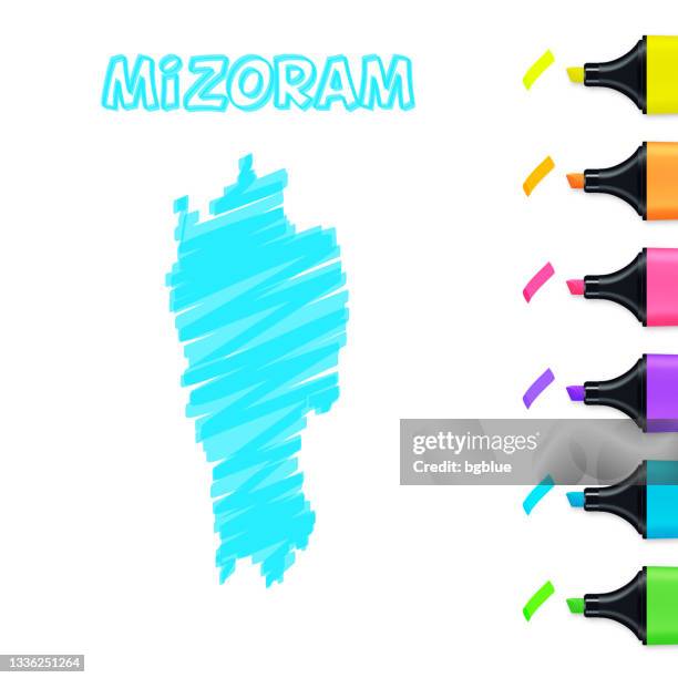 mizoram map hand drawn with blue highlighter on white background - mizoram india stock illustrations