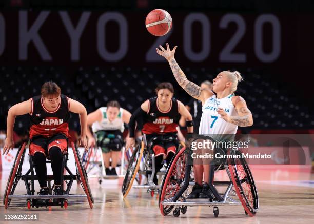 Shelley Cronau of Team Australia grabs a loose ball against Team Japan during the Women's Wheelchair Basketball Group A game on day 1 of the Tokyo...