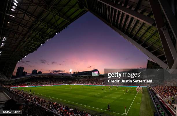 General view at sunset of the Carabao Cup Second Round match between Brentford and Forest Green Rovers at Brentford Community Stadium on August 24,...