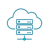 Server rack and cloud line icon. Cloud hosting services. Server database organization.