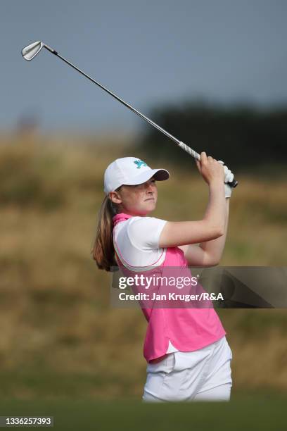 Louise Duncan of Team Great Britain and Ireland plays a shot on the 8th hole during a practice round ahead of The Curtis Cup at Conwy Golf Club on...