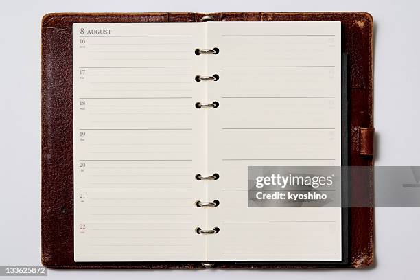 isolated shot of opened blank personal organizer on white background - personal organiser 個照片及圖片檔