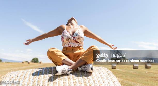 young woman with arms raised standing in the middle of field - ear golden fotografías e imágenes de stock