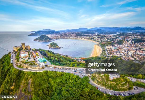 aerial view of san sebastian and mount igueldo basque country spain europe - são sebastião espanha imagens e fotografias de stock