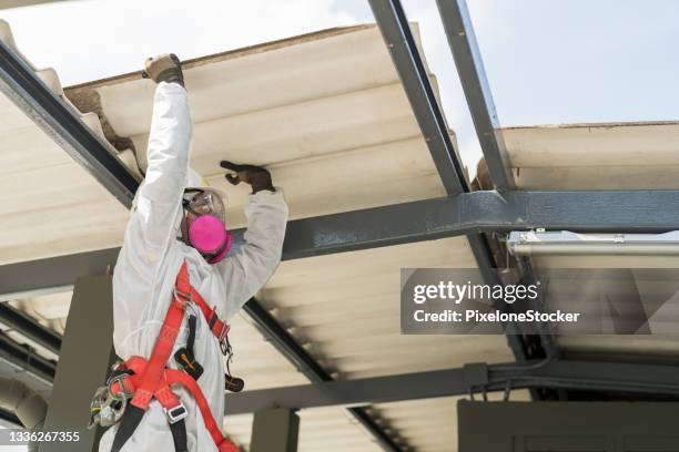 safety is our top priority. worker wearing full body protective clothing while working with the asbestos roof tiles. - asbestos removal photos et images de collection