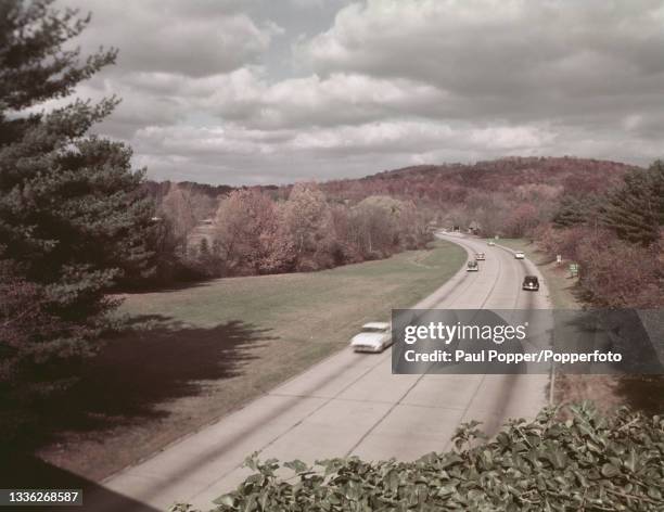Cars drive along the Taconic State Parkway, close to the intersection with New York State Route 132, near the town of Yorktown in Westchester County,...