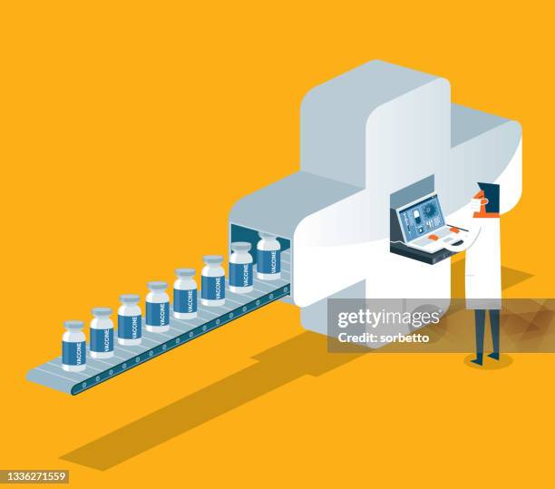 produktionslinie - impfstoff - arzneimittelherstellung stock-grafiken, -clipart, -cartoons und -symbole