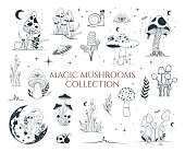 Big mystical collection with magic mushrooms, floral elements. Celestial fungi set. Witchy tattoo and occult clipart with moon and stars.