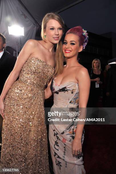 Singers Taylor Swift and Katy Perry arrives at the 2011 American Music Awards held at Nokia Theatre L.A. LIVE on November 20, 2011 in Los Angeles,...