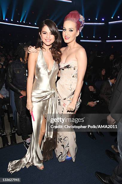 Singers Selena Gomez and Katy Perry at the 2011 American Music Awards held at Nokia Theatre L.A. LIVE on November 20, 2011 in Los Angeles, California.
