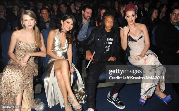 Taylor Swift, Selena Gomez, Jaden Smith and Katy Perry in the audience at the 2011 American Music Awards at the Nokia Theatre L.A. LIVE on November...