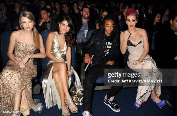 Taylor Swift, Selena Gomez, Jaden Smith and Katy Perry in the audience at the 2011 American Music Awards at the Nokia Theatre L.A. LIVE on November...