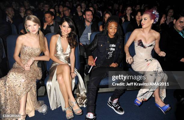 Taylor Swift, Selena Gomez, Jaden Smith and Katy Perry in the audience at the 2011 American Music Awards at the Nokia Theatre L.A. LIVE on November...