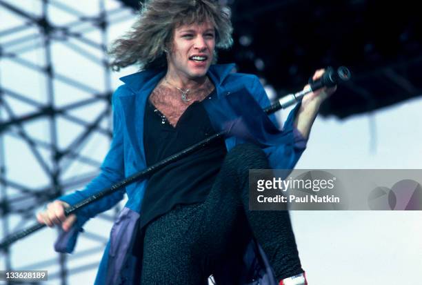 American musician Jon Bon Jovi performs at Memorial Stadium for the Farm Aid Concert, Champaign, Illinois, September 22, 1985.