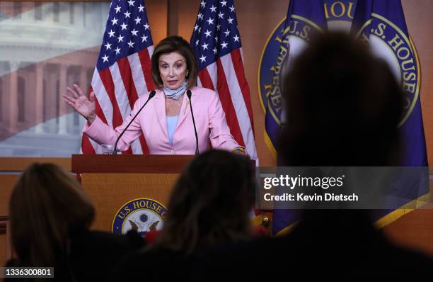Speaker of the House Nancy Pelosi holds her weekly press conference at the U.S. Capitol on August 25, 2021 in Washington, DC. Pelosi spoke on the...
