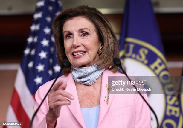 Speaker of the House Nancy Pelosi leaves after holding her weekly press conference at the U.S. Capitol on August 25, 2021 in Washington, DC. Pelosi...