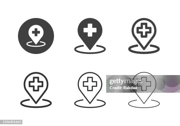 illustrazioni stock, clip art, cartoni animati e icone di tendenza di icone della posizione dell'ospedale - serie multi - planisfero fisico