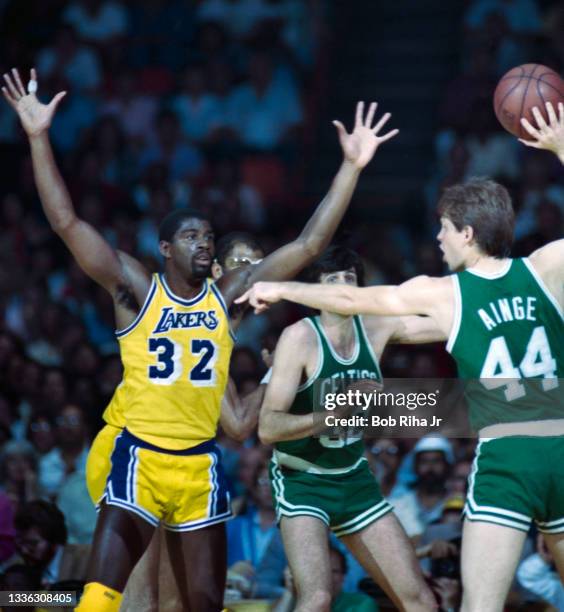 Los Angeles Lakers Magic Johnson battles Boston Celtics Danny Ainge during 1985 NBA Finals between Los Angeles Lakers and Boston Celtics, June 2,...