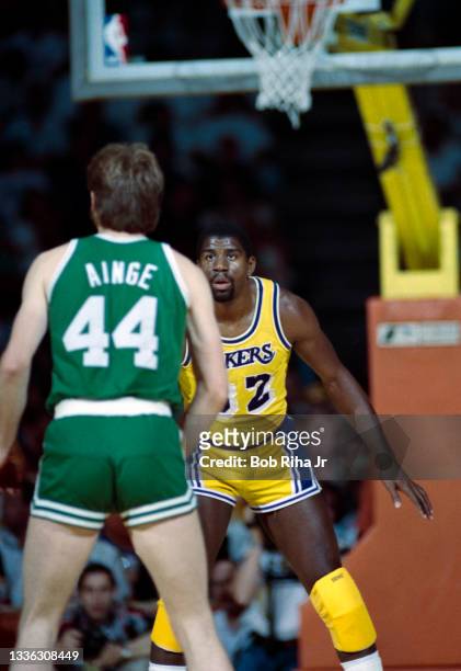 Los Angeles Lakers Magic Johnson defends against Boston Celtics Danny Ainge during 1985 NBA Finals between Los Angeles Lakers and Boston Celtics,...