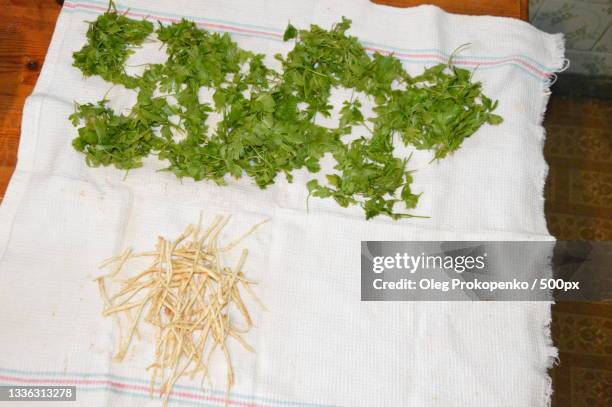 high angle view of herbs on table - oleg prokopenko stock-fotos und bilder