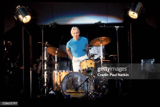 British musician Charlie Watts of the Rolling Stones performs on stage during the band's 'Bridges to Babylon' tour, late 1997 or early 1998.