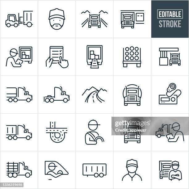 illustrazioni stock, clip art, cartoni animati e icone di tendenza di icone della linea sottile per camion - tratto modificabile - caricare attività