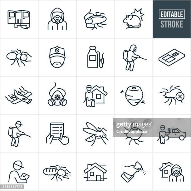 ilustraciones, imágenes clip art, dibujos animados e iconos de stock de iconos de línea delgada de control de plagas - trazo editable - ant