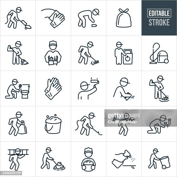 janitorial thin line icons - editable stroke - garbage bag stock illustrations