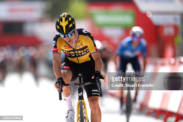 Primoz Roglic of Slovenia and Team Jumbo - Visma celebrates at finish line as stage winner during the 76th Tour of Spain 2021, Stage 11 a 133,6km...