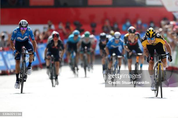 Enric Mas Nicolau of Spain and Movistar Team and Primoz Roglic of Slovenia and Team Jumbo - Visma sprint at finish line during the 76th Tour of Spain...
