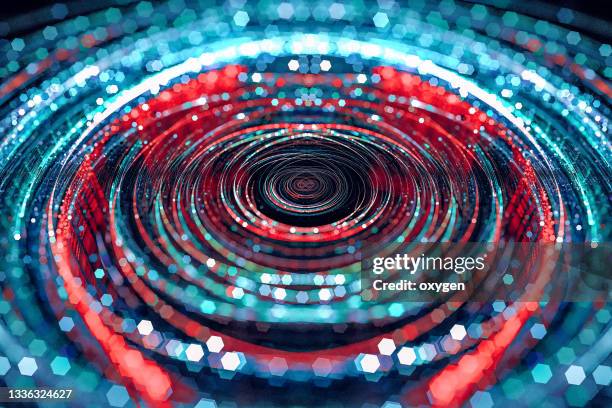 abstract futuristic radial technology neon blue space glitter platform. blue red glowing neon background - image focus technique stock pictures, royalty-free photos & images
