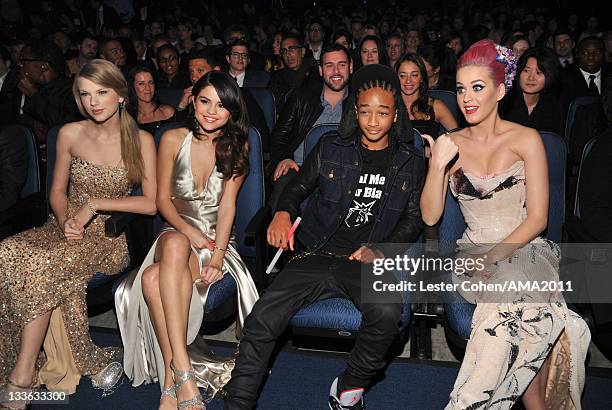 Singer Taylor Swift, singer Selena Gomez, actor Jaden Smith and singer Katy Perry at the 2011 American Music Awards held at Nokia Theatre L.A. LIVE...