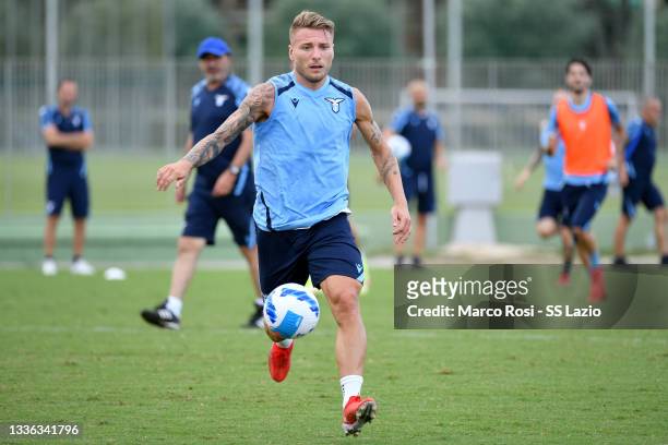 Ciro Immobile of SS Lazio during the training session at the Formello sport centre on August 25, 2021 in Rome, Italy.