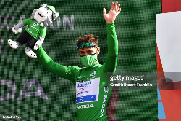 Fabio Jakobsen of Netherlands and Team Deceuninck - Quick-Step celebrates winning the Green Points Jersey on the podium ceremony after the 76th Tour...