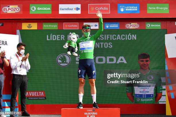 Fabio Jakobsen of Netherlands and Team Deceuninck - Quick-Step celebrates winning the Green Points Jersey on the podium ceremony after the 76th Tour...