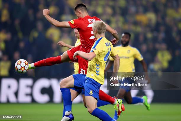Benjamin Sesko of FC Red Bull Salzburg scores his team's opening goal during the UEFA Champions League Play-Offs Leg Two match between Brondby IF and...
