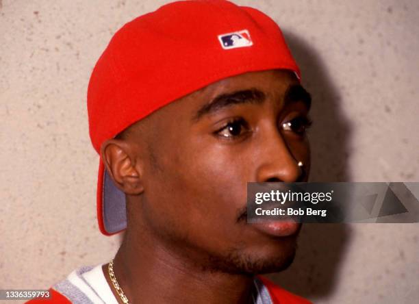 American rapper, songwriter, and actor Tupac Shakur poses for a portrait during the 1994 Source Awards on April 25, 1994 at the Paramount Theatre in...