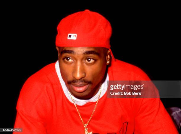 American rapper, songwriter, and actor Tupac Shakur poses for a portrait during the 1994 Source Awards on April 25, 1994 at the Paramount Theatre in...